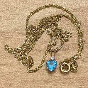 Stunning 10k Solid Gold twisty Necklace with Topaz Heart & diamond Pendant